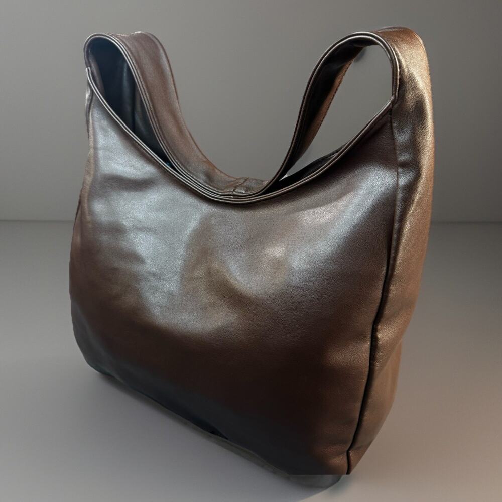 Brown Slouchy Hobo Tote Bag Minimalist Oversized Vegan Leather Shoulder Bag -558